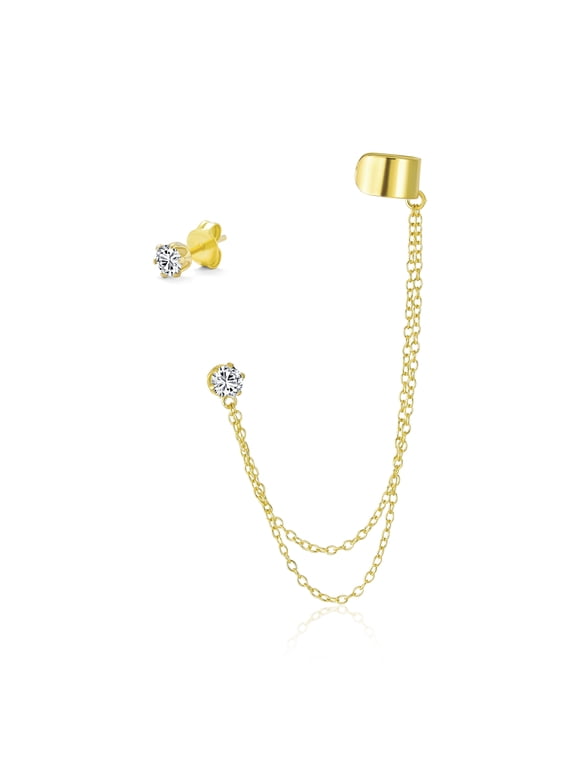 Womens Double Cartilage Warp Band Ear Cuff & Gold CZ Stud Earring Sterling Silver
