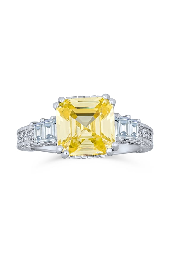 Womens Elegant Art Deco 2CT Canary Yellow CZ Asscher Cut Engagement Ring with Baguettes