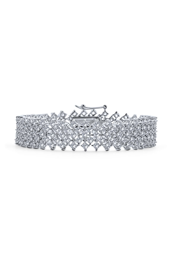 Womens Bridal CZ Statement Bracelet Silver Plated Multi Row Lattice