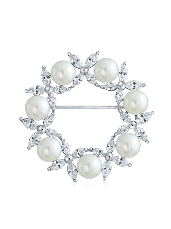 Womens Elegant Marquise CZ Round White Faux Pearl Wreath Circle Pin Brooch