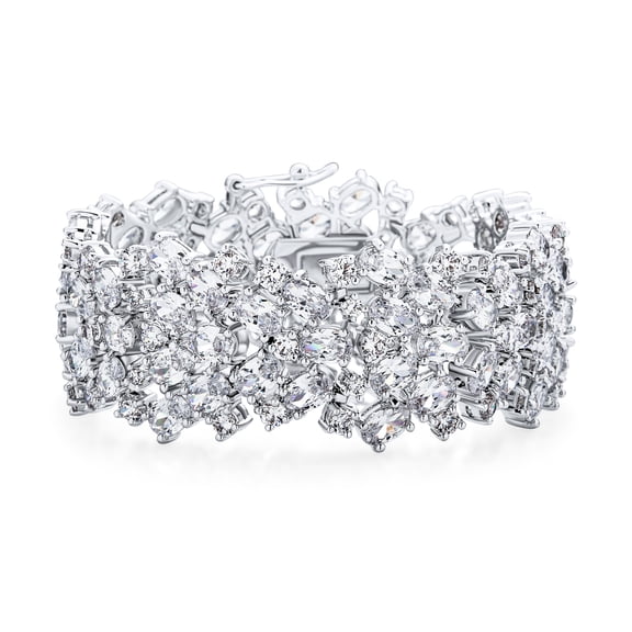 Bling Jewelry Womens Elegant Multi Row Oval CZ Cluster Wide Statement Bracelet Silver Plated 7"