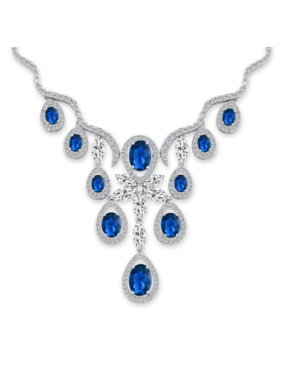 Womens Elegant Cocktail Blue CZ Multi Teardrop Statement Collar Necklace 16"