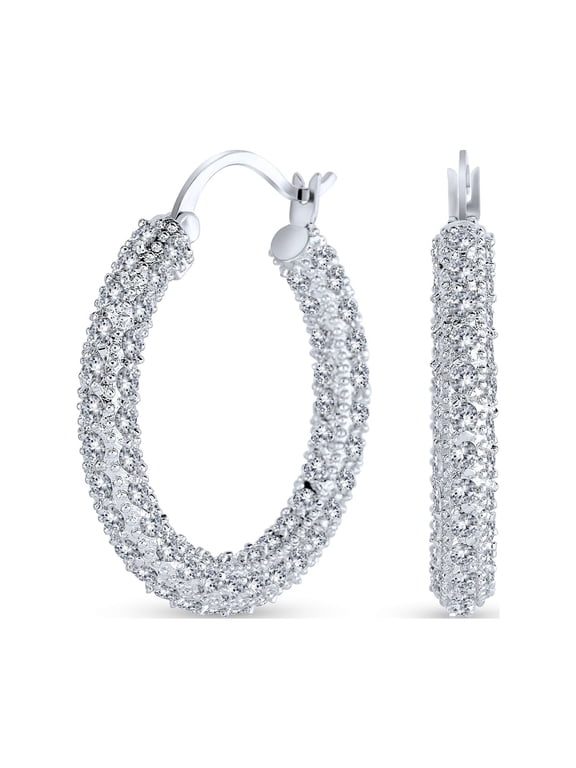 Womens Elegant Cocktail CZ Encrusted Statement Hoop Earrings 1.3" Silver Plated