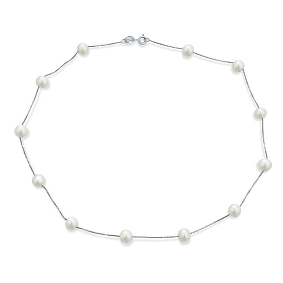 Bling Jewelry Womens Elegant Tin Cup Style Freshwater White Pearl Necklace Sterling Silver 16"