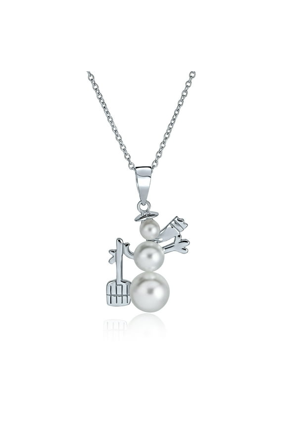 Womens Elegant Winter White Pearl Snowman Pendant Necklace in Sterling Silver