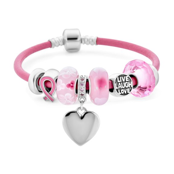 Bling Jewelry Womens Breast Cancer Awareness Bracelet .925 Sterling Silver Live Love Laugh Pink Ribbon Heart Charm Pink