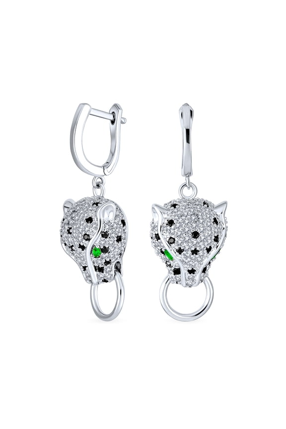 Womens Estate Art Deco Panther Dangle Chandelier Earrings with Green Eye CZ Pave Silver