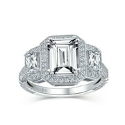 BLING JEWELRY Womens Estate Vintage Art Deco 3CT CZ Halo Emerald Cut Engagement Ring Sterling Silver