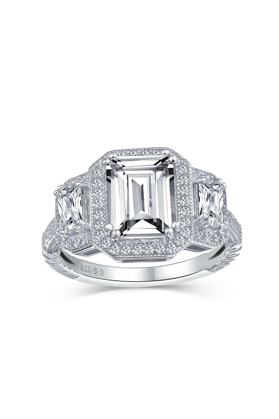 Womens Estate Vintage Art Deco 3CT CZ Halo Emerald Cut Engagement Ring Sterling Silver