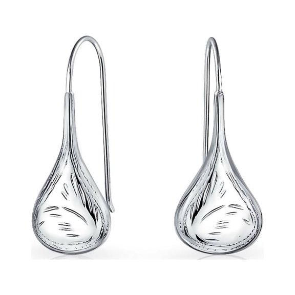 Bling Jewelry Womens Etched Puffed Raindrop Teardrop Earrings Fishhook Sterling Silver 1.4 Inch