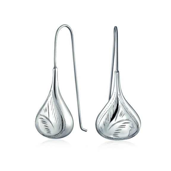 Bling Jewelry Womens Etched Puffed Raindrop Teardrop Earrings Fishhook Sterling Silver 1.5 Inch