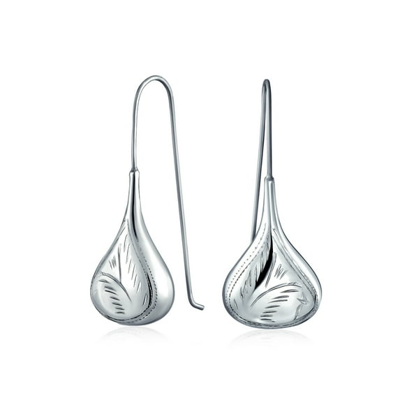 Bling Jewelry Womens Etched Puffed Raindrop Teardrop Earrings Fishhook Sterling Silver 1.5 Inch