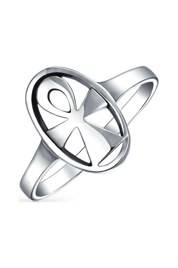Womens Eternal Key of Life Ankh Cross Signet Ring .925 Sterling Silver