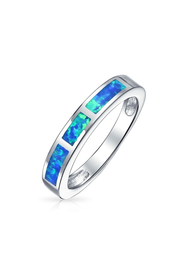 Womens Blue Opal Inlay Stackable 1/2 Eternity Band Ring Sterling Silver