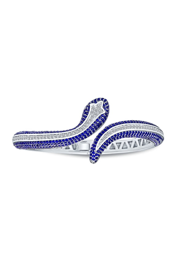 Womens Snake Cuff Bangle Statement Bracelet Egyptian Style Blue Sapphire CZ Pave Bypass Hinge