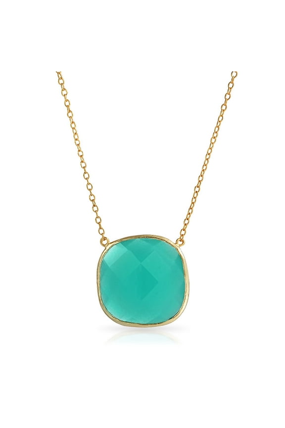 Womens Exquisite Teal Blue-Green Faceted Stone Pendant Necklace 14K Gold-Plated Silver