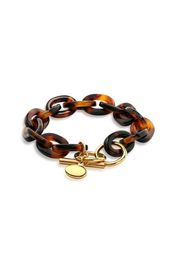 Womens Fashion Brown Golden Acrylic Tortoise Shell Oval Link Statement Bracelet Gold Plated Stainless Steel