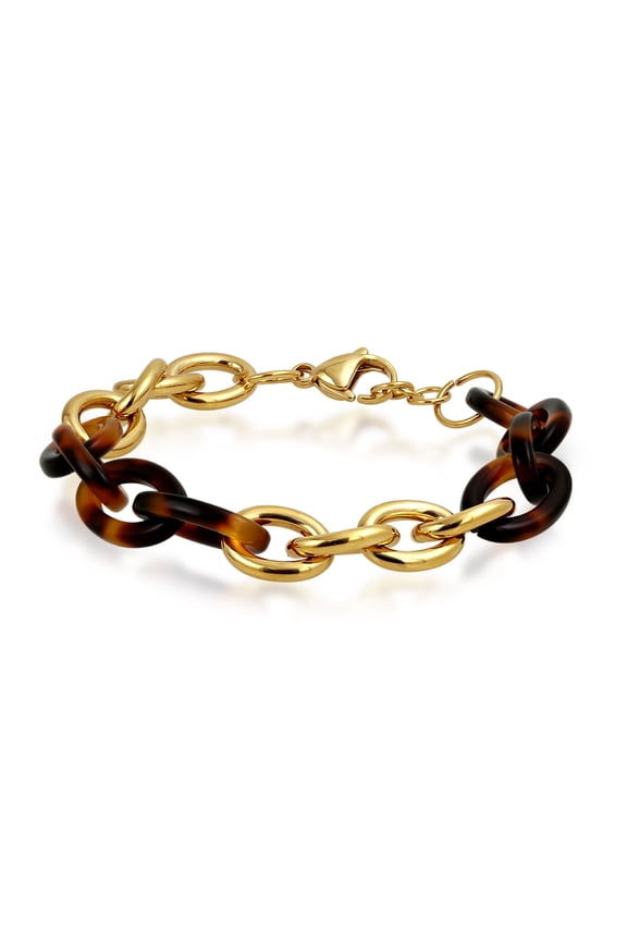 Womens Fashion Brown Golden Acrylic Leopard Tortoise Shell Chain Link Bracelet