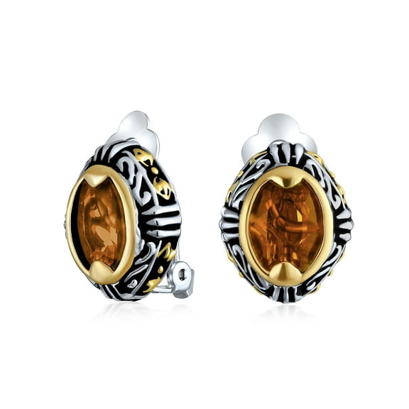 Bling Jewelry Womens Fashion Large Orange Crystal Oval Bali Style 2 Tone Clip On Earrings Non Pierced