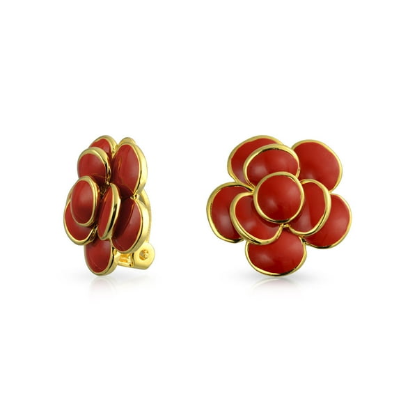 Bling Jewelry Womens Fashion Enamel 3D Red Rose Flower Clip on Earrings Button Style for Non-Pierced Ears Gold Plated