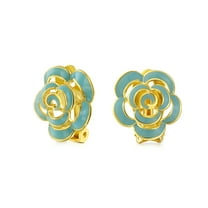 Bling Jewelry Womens Fashion Turquoise Enamel 3D Rose Flower Clip On Earrings Button Style for Non-Pierced Ears Gold Plated