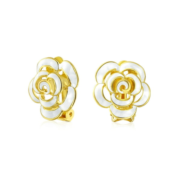 Bling Jewelry Womens Fashion Enamel 3D White Rose Flower Clip On Earrings Button Style for Non-Pierced Ears Gold Plated