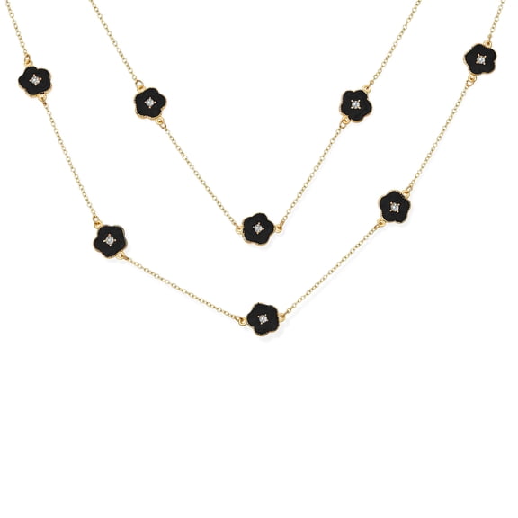 Bling Jewelry Womens Long Crystal Enamel Black Flower Double Wrap Clover Necklace Gold Tone 36"