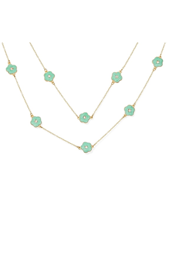 Womens Fashion Long Double Wrap Strand Aqua Blue Enamel Clover Flower Necklace Gold Plated 36 Inch Crystal Accents