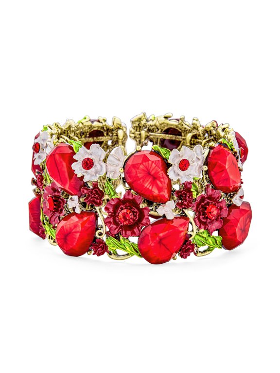 Womens Fashion Floral Red Crystal Flower Wide Cuff Statement Bracelet Gold Plated