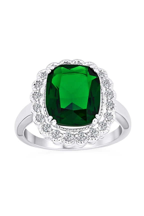 Womens Art Deco Style Cubic Zirconia Solitaire Green Emerald Cut with CZ Halo 10CT Cocktail Statement Ring