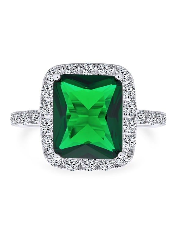 Womens Classic 10CT Halo Emerald Cut Green CZ Cocktail Statement Ring Rhodium