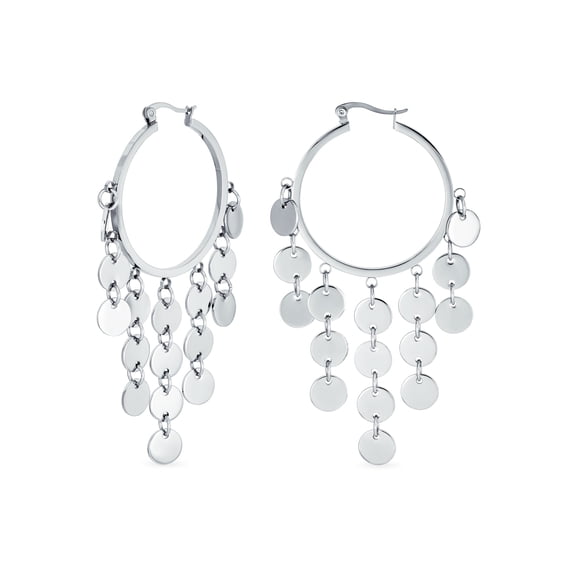 Bling Jewelry Womens Fashion Statement Sequin Coin Dangle Hoop Huggies Earrings Stainless Steel