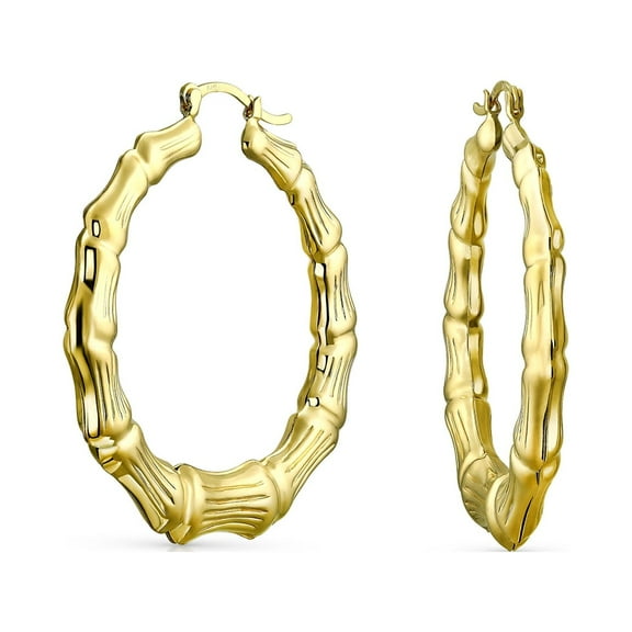 Bling Jewelry Womens Statement Hoop Huggie Earrings 18K Gold Plated Bamboo