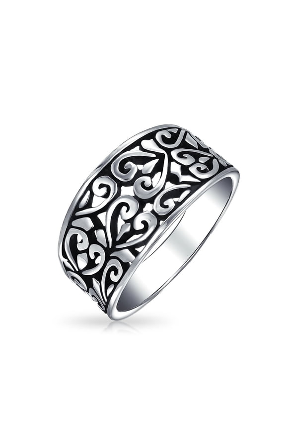 Womens Fashion Silver Ring with Open Swirl Hearts Filigree
