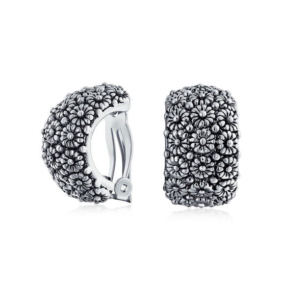Bling Jewelry Womens Sunflower Wide Half Hoop Clip-On Earrings Non-Pierced Silver Plated