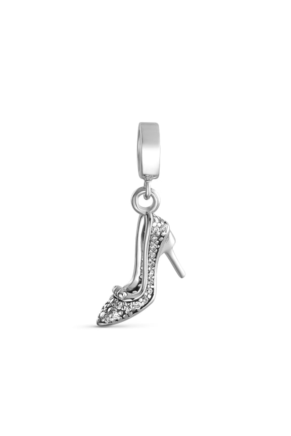 Womens .925 Sterling Silver High Heel Shoe Pump Stiletto Dangle Charm Bead Crystal