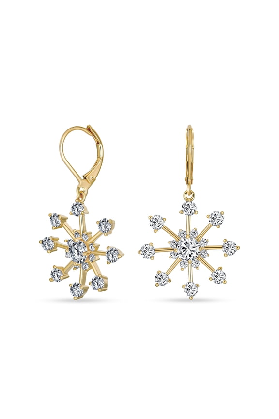 Womens Festive Christmas CZ Snowflake Dangle Chandelier Earrings Gold Plated Lever Back