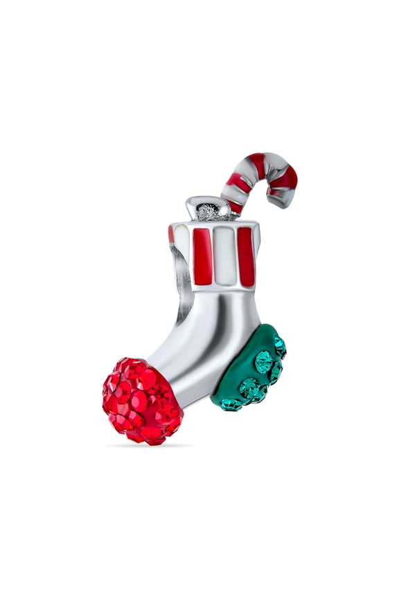 Womens Sterling Silver Red Green Crystal Candy Cane Christmas Stocking Stuffer Bead Charm for Bracelet