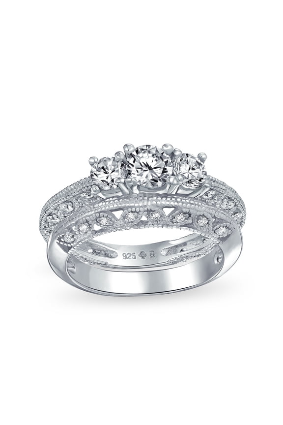 Womens Filigree 3CT Round Solitaire 3 Stone CZ Engagement Ring Set Band Sterling Silver