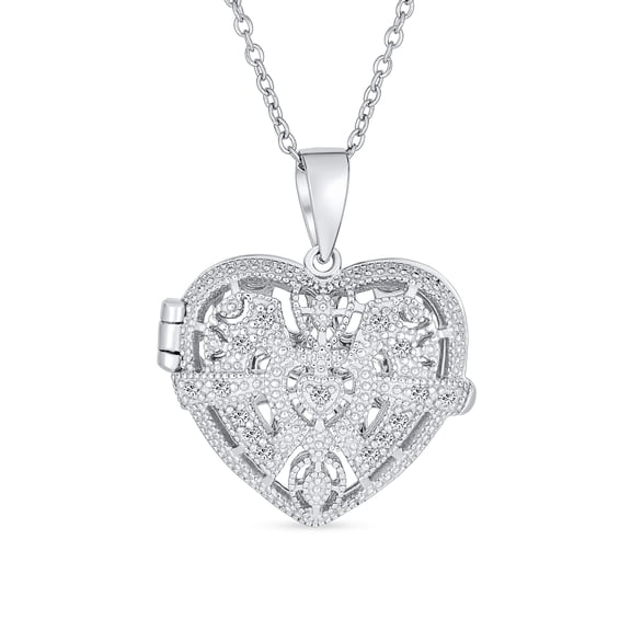 Bling Jewelry Womens Filigree Flower Diffuser Keepsake Photo Heart Shape Locket Pendant Necklace