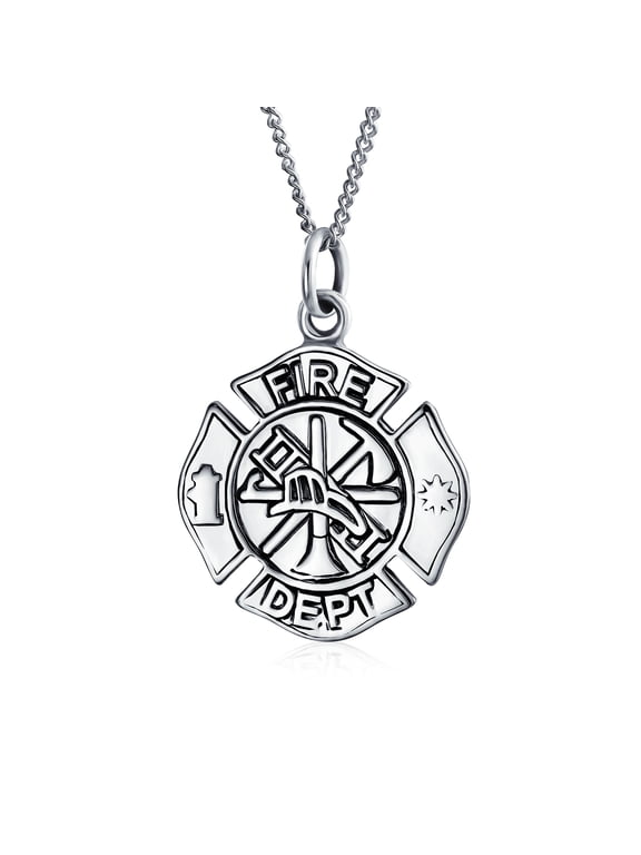 Womens Firefighter Fire Dept Shield Medallion Pendant Necklace Sterling Silver