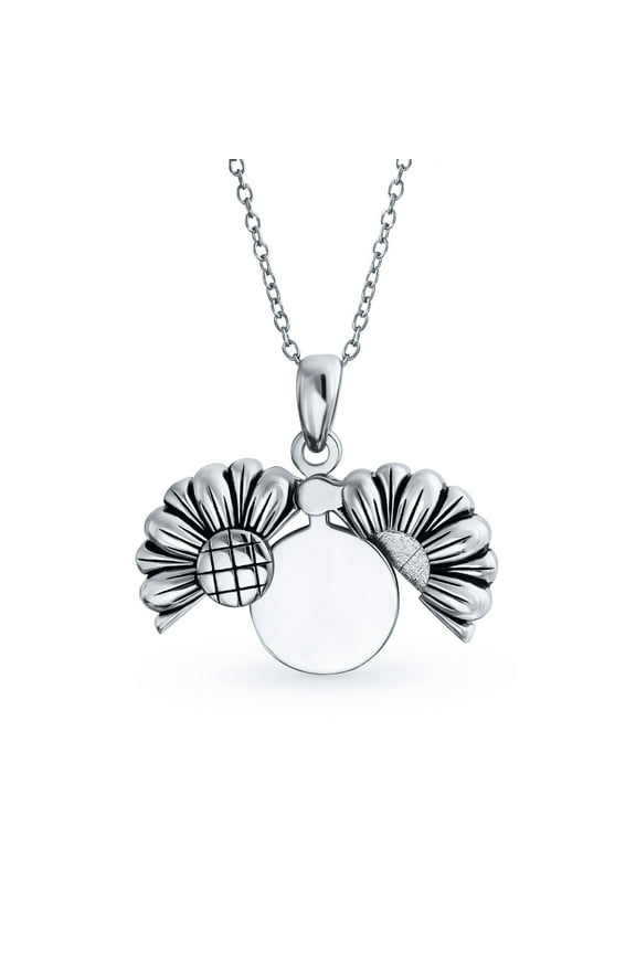 Womens Floral Sunflower Locket Necklace in Rhodium Plated Sterling Silver