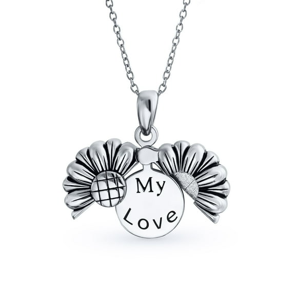 Bling Jewelry Womens Floral Sunflower Locket Necklace with Inspirational Saying Rhodium Plated Silver
