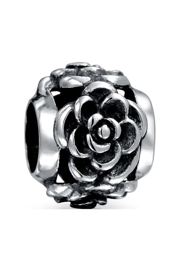 Womens Flower Garden Black Rose Charm Bead in Oxidized Sterling Silver for Bracelets