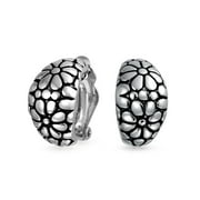 Bling Jewelry Womens Daisy Flower Wide Clip On Earrings Shrimp Style Non Pierced Ears Oxidized Sliver Plated