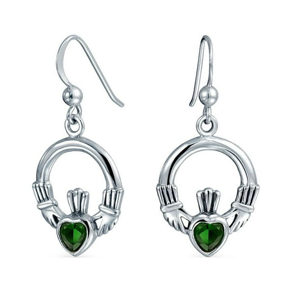 Bling Jewelry Womens Friendship BFF Green CZ Heart Circle Claddagh Dangle Earrings Silver Fish Hook