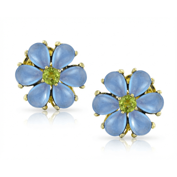 Bling Jewelry Womens Garden CZ Center Blue Jade Flower Clip On Earrings Gold Sterling Silver for Non-Pierced Ears