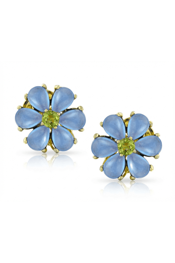 Womens Garden CZ Center Blue Jade Flower Clip On Earrings Gold Sterling Silver for Non-Pierced Ears
