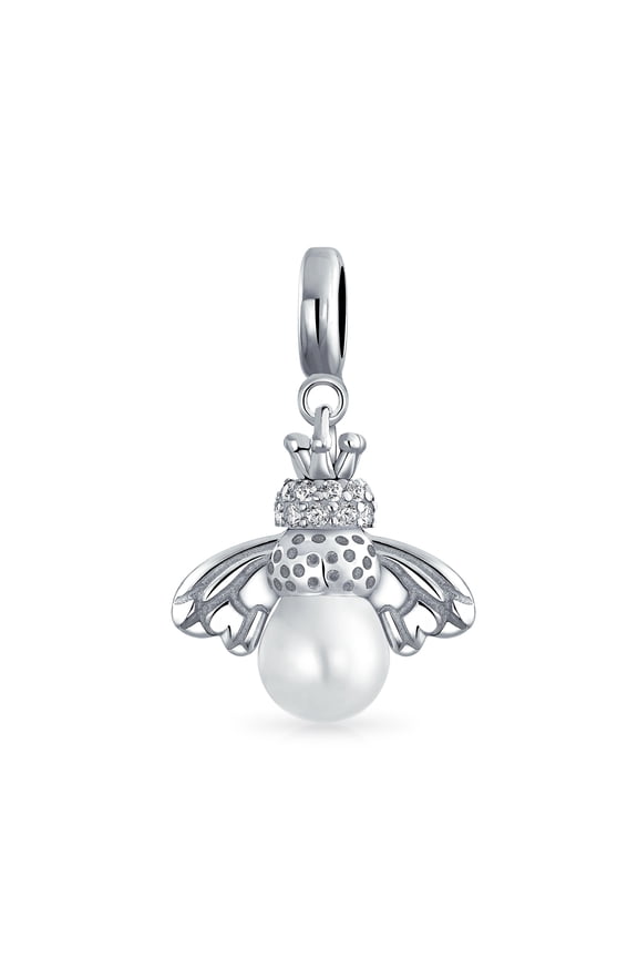 Womens .925 Sterling Silver Garden Insect White Pearl Queen Bumble Bee Dangle Charm Bead Fit