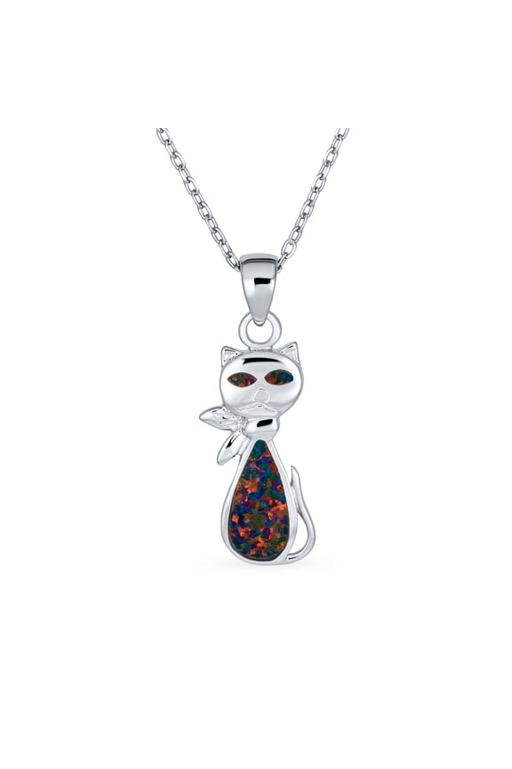 Womens Gemstone Black Opal Cat Pendant Necklace Sterling Silver - Cute Animal Jewelry